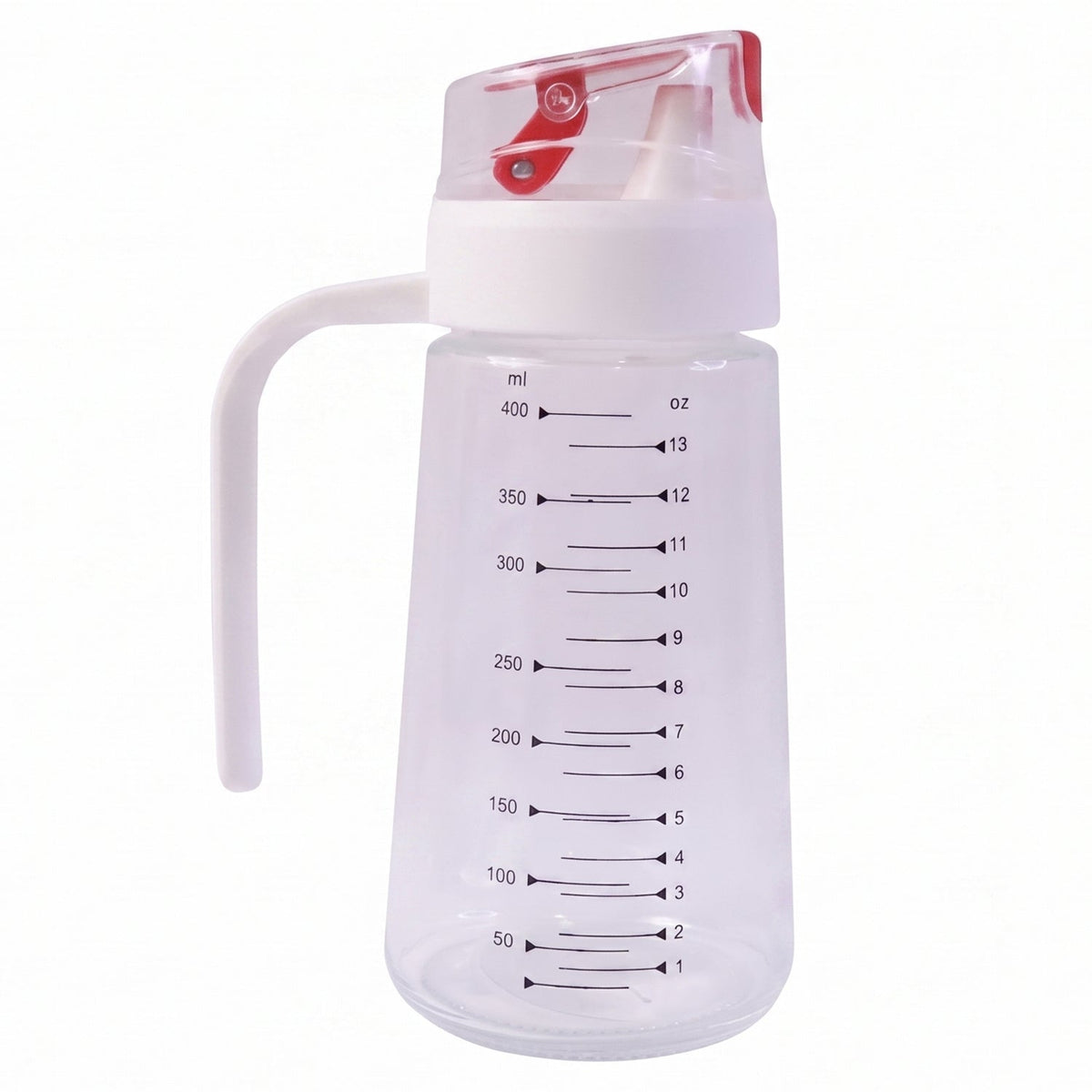 Clear 500ml glass oil dispenser with white handle and red auto-flip cap on white background