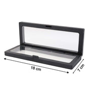 Side view of transparent floating jewelry display box 18x7 cm featuring black ABS frame