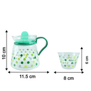 Glass tea pot and cups set with visible dimensions for reference