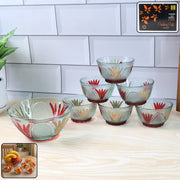 Elegant rose design glass dessert bowl set, 7 pieces, arranged for serving.