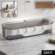 Clear plastic wall shelf with hooks, ideal for organizing bathroom essentials