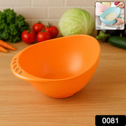 Hand holding a durable plastic rice washing bowl with water, demonstrating its efficient straining.