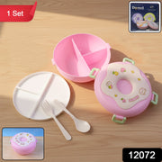 Close-up of the Donut Lunch Box showing three compartments and included spoon.