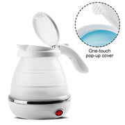 Collapsible travel electric kettle in a vibrant blue and white color.