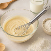Angled view of stainless steel wire whisk with sturdy ergonomic handle